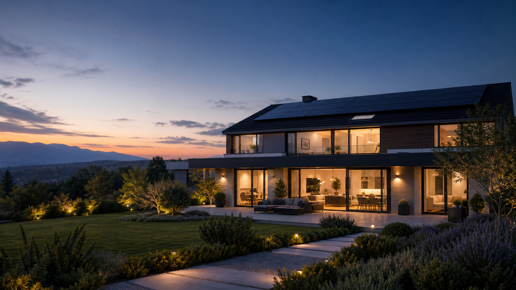 A solar home at night with warm lighting